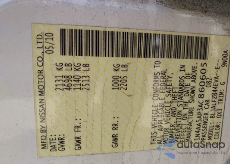 2010 Nissan Maxima 3.5 Sv from USA, damaged, VIN 1N4AA5AP3AC860605